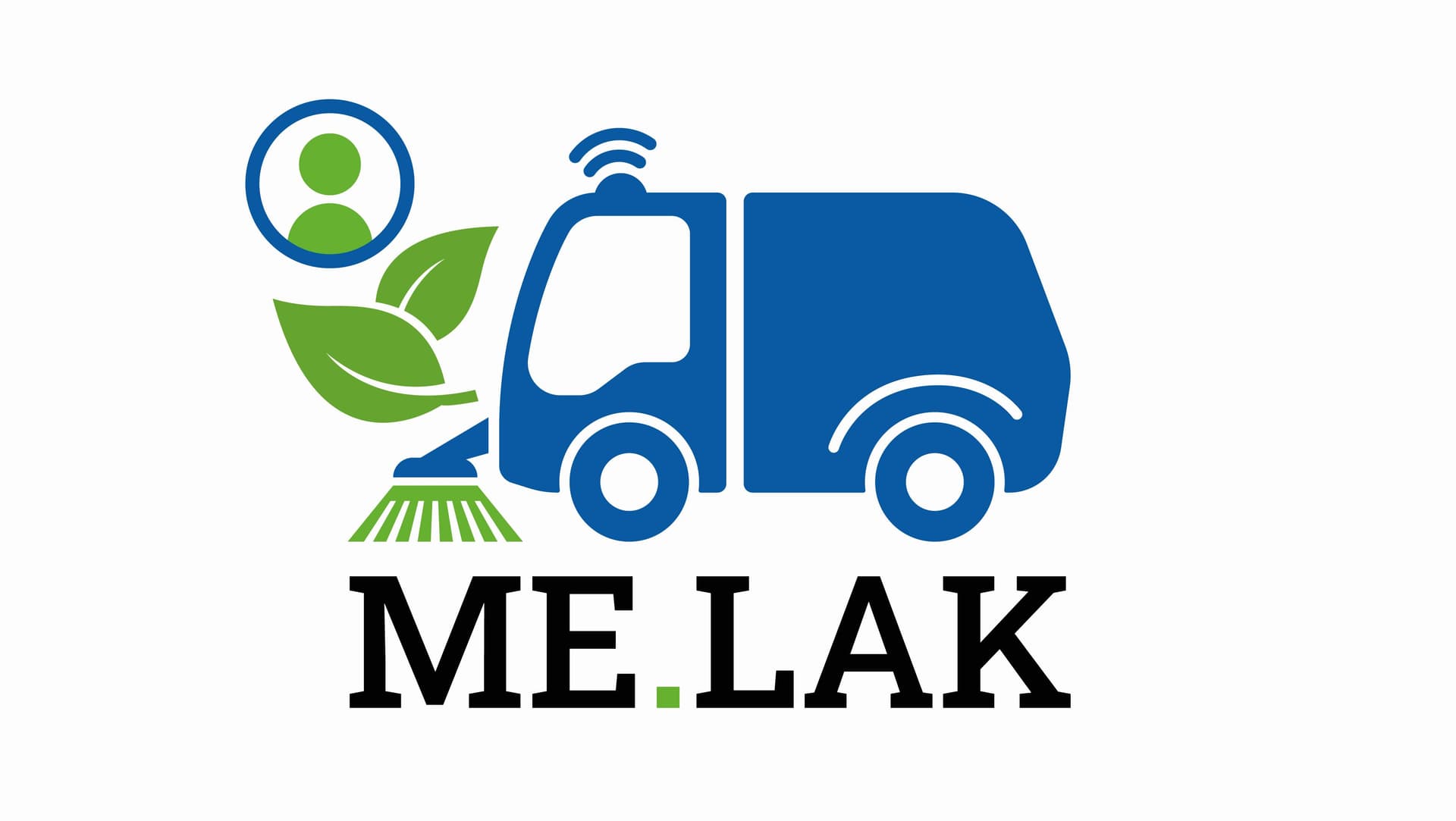 Logo ME.LAK, Grafik blaue Kleinkehrmaschine mit grünem Tellerbesen und Umwelt-Button