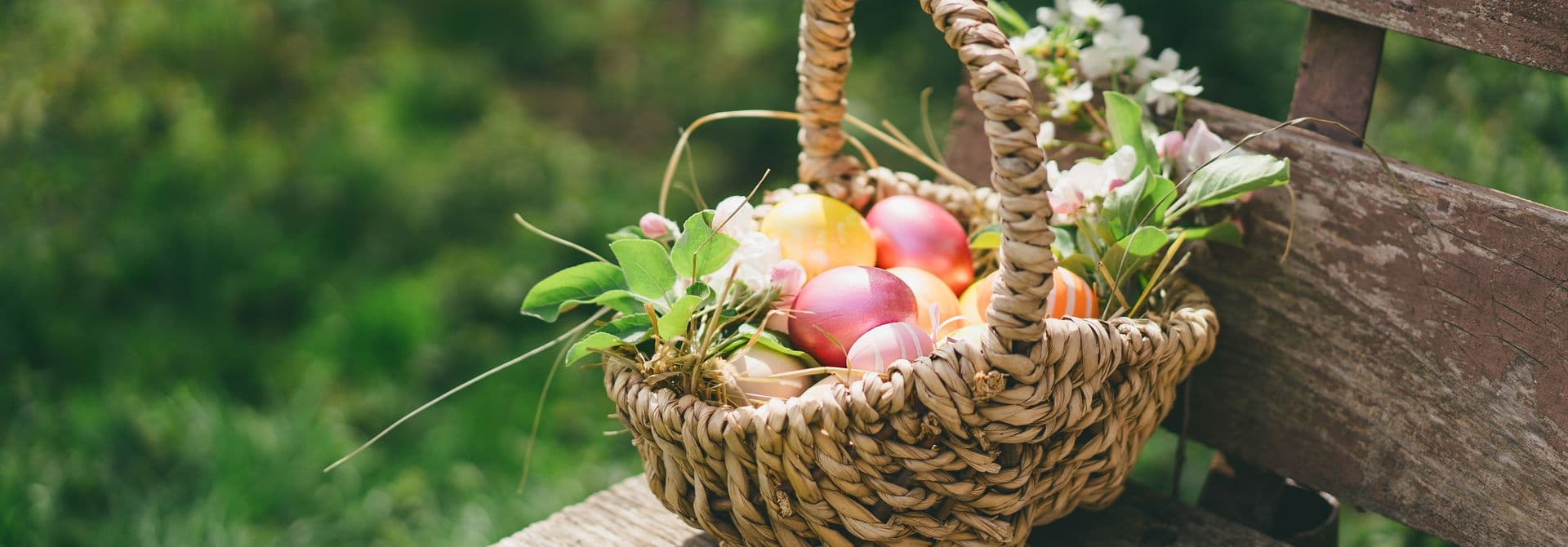 Korb mit Ostereiern Korb mit Ostereiern auf einer Bank